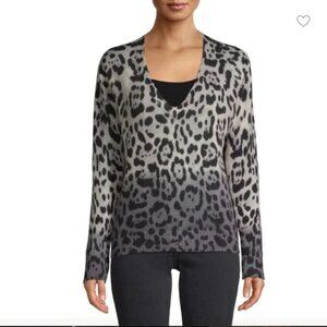 360 CASHMERE "Lauren" Dip-Dye Ombré V-Neck Cashmere Animal Print Sweater Size M